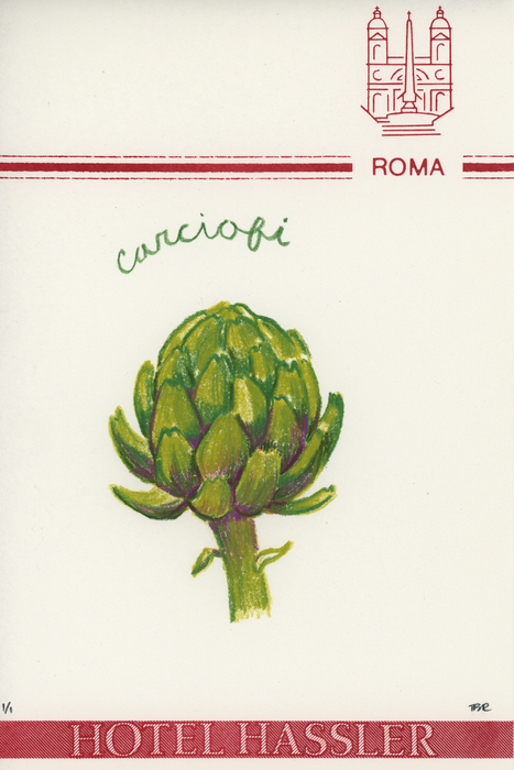 Card with illustration of an artichoke and 'HOTEL HASSLER' branding on a white background