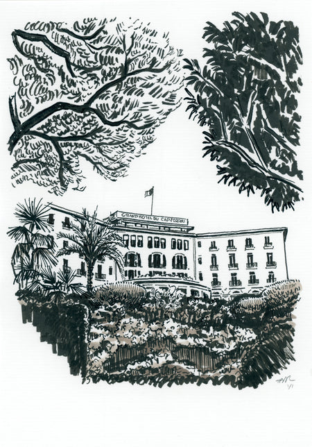 Original drawing on hotel stationery from Grand Hotel du Cap Ferrat by Tess Ramirez