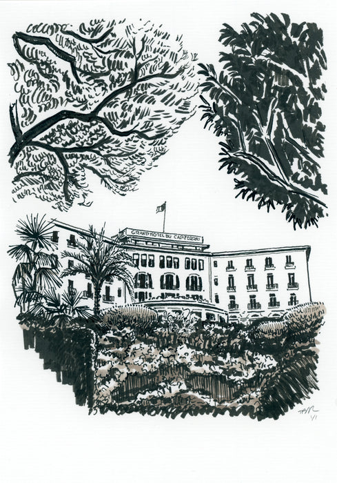 Original drawing on hotel stationery from Grand Hotel du Cap Ferrat by Tess Ramirez