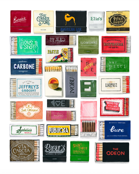 Framed custom matchbook art print with restaurant and hotel matchbooks