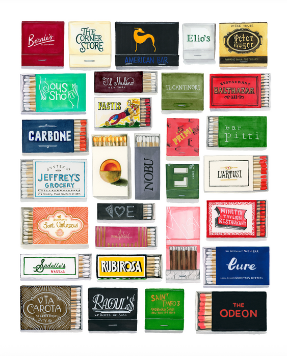 Framed custom matchbook art print with restaurant and hotel matchbooks