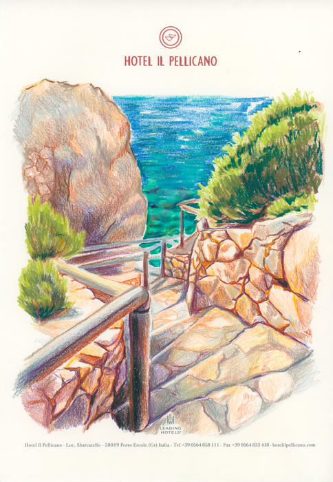 A scenic illustration of Hotel Il Pellicano on hotel stationery hand drawn by Tess Ramirez