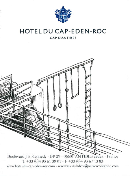 A black and white line art illustration of 'Hotel du Cap-Eden-Roc' trapeze above the ocean, by Tess Ramirez.