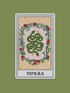 A stylized illustrated tarot card print created for Kindred Lubeck of Artifex Fine Jewelry. Tarot design features a green serpent coiled in the center, surrounded by a wreath of nine roses and thorns, with yellow sunburst rays and the word 'VIPERA'. Collaboration of Kindred Lubeck and Tess Ramirez