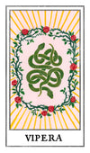 A stylized illustrated tarot card print created for Kindred Lubeck of Artifex Fine Jewelry. Tarot design features a green serpent coiled in the center, surrounded by a wreath of nine roses and thorns, with yellow sunburst rays and the word 'VIPERA'. Collaboration of Kindred Lubeck and Tess Ramirez