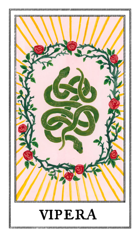 A stylized illustrated tarot card print created for Kindred Lubeck of Artifex Fine Jewelry. Tarot design features a green serpent coiled in the center, surrounded by a wreath of nine roses and thorns, with yellow sunburst rays and the word 'VIPERA'. Collaboration of Kindred Lubeck and Tess Ramirez