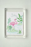 Colony Hotel flamingo painting displayed in a clear acrylic block frame