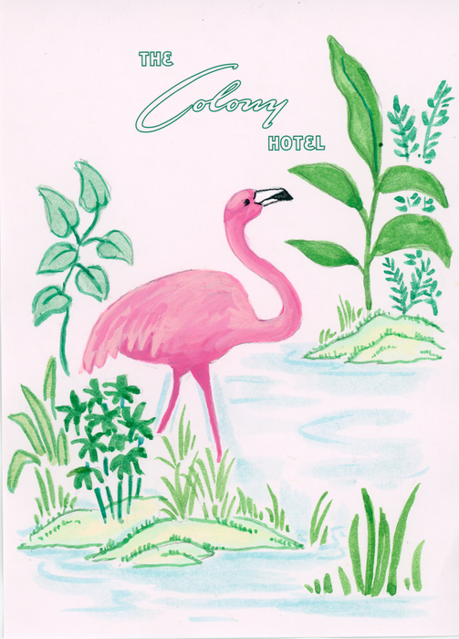 Pink flamingo beside a pond painted on The Colony Hotel Palm Beach stationery