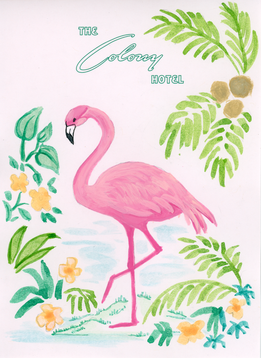Pink flamingo with tropical foliage and flowers painted on The Colony Hotel stationery