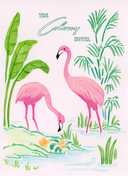 Pink flamingo painting on The Colony Hotel Palm Beach stationery with tropical foliage