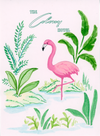 Pink flamingo among tropical plants painted on The Colony Hotel Palm Beach stationery