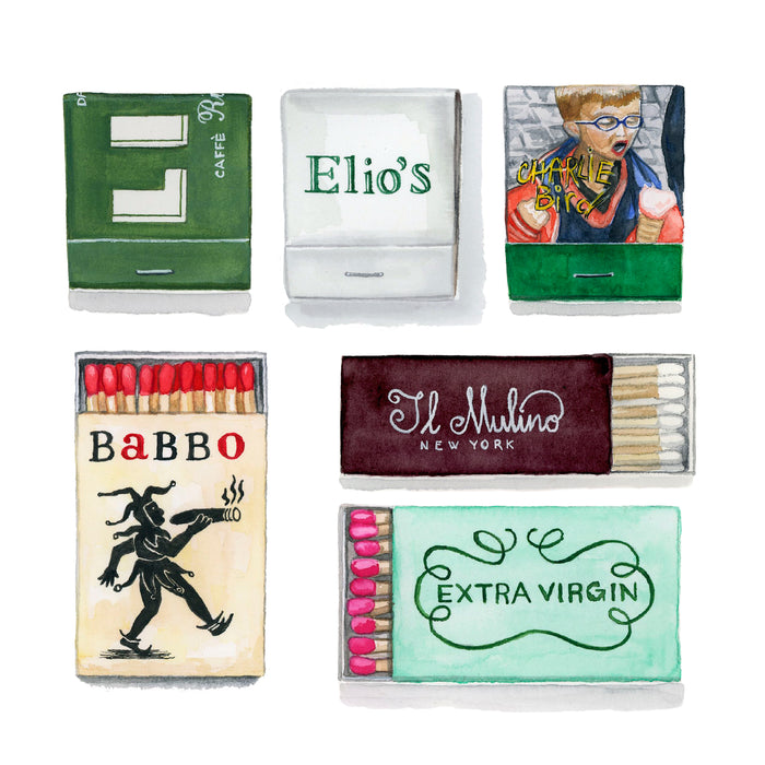 Custom matchbook print with hand-painted restaurant matchbook illustrations
